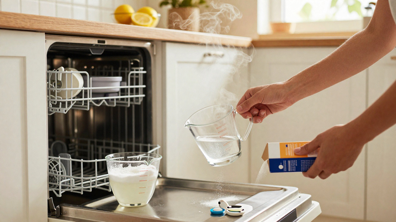 Hands pouring vinegar and baking soda into an open dishwasher releasing steam in a bright kitchen.