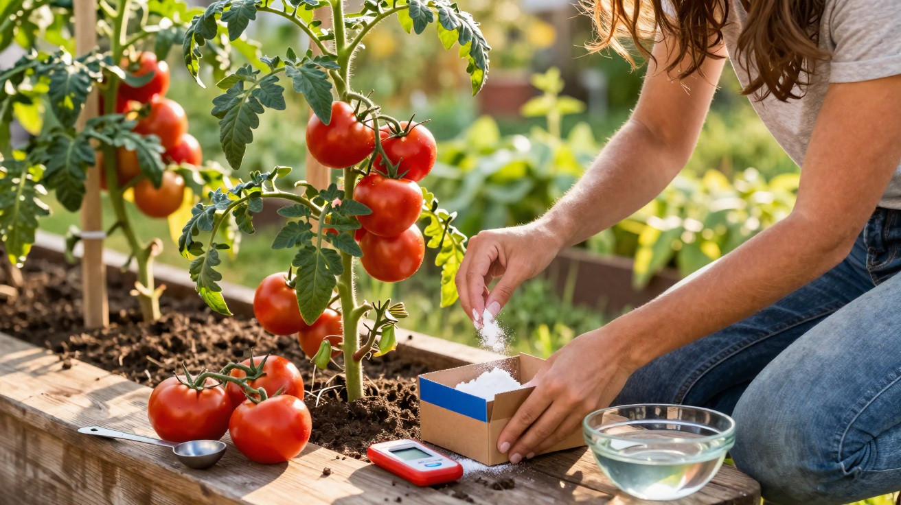 Person sprinkling powder near ripe tomatoes growing in a raised garden bed with gardening tools nearby.