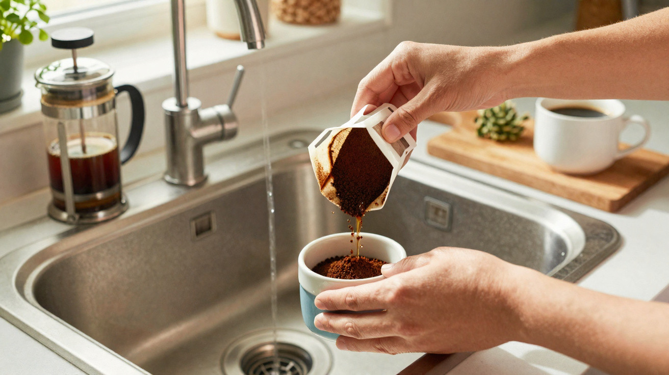 Person pouring ground coffee from a drip bag into a cup over a kitchen sink with running water.
