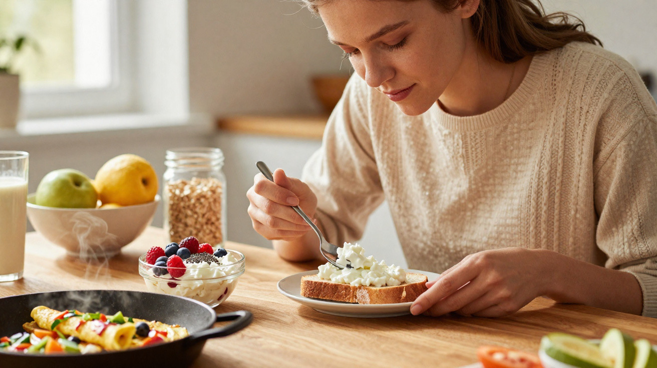 Woman spreading cottage cheese on toast at a wooden kitchen table with breakfast items nearby.