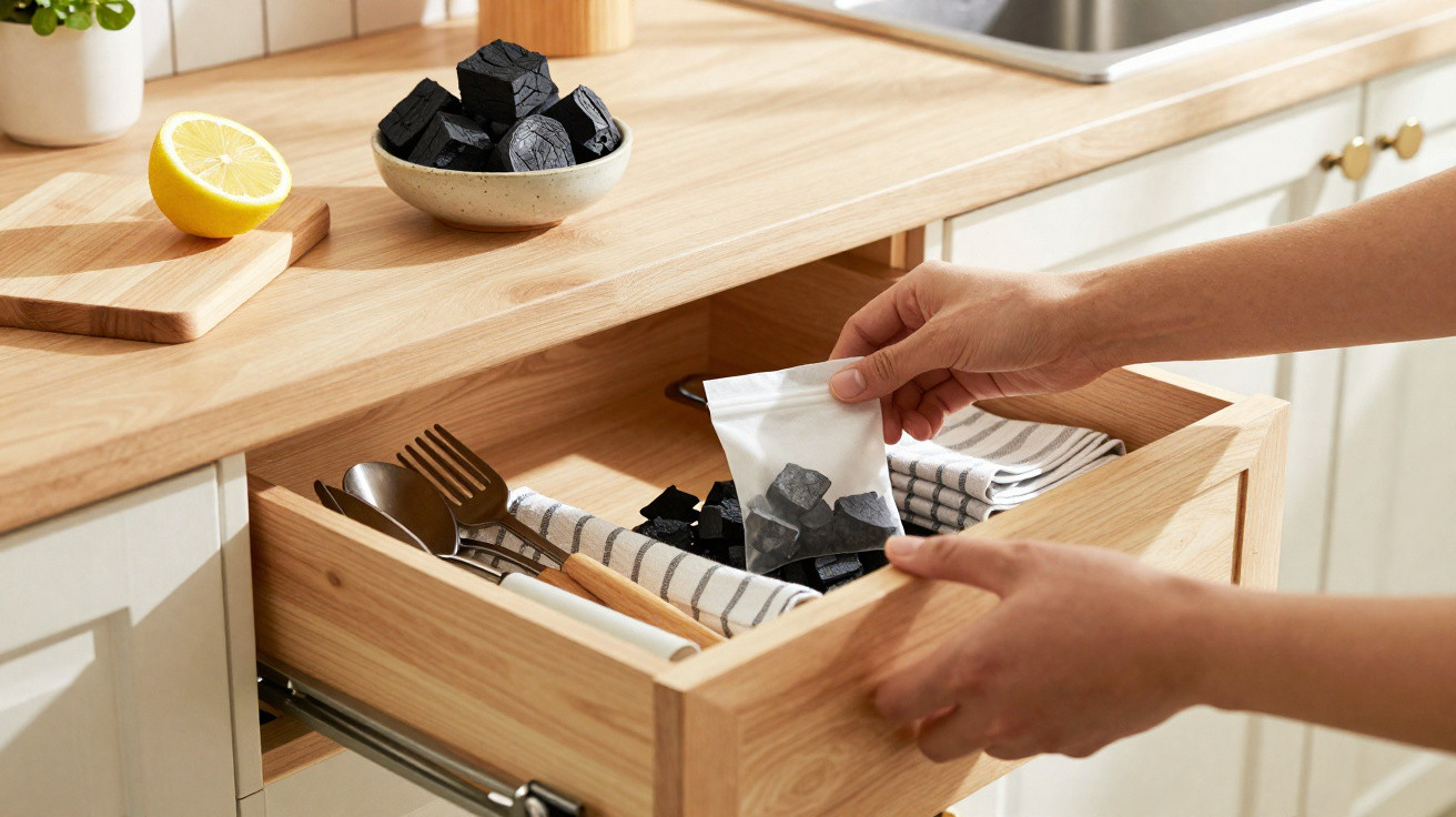 Hands placing a small bag of charcoal cubes into a kitchen drawer with cutlery and cloth napkins.