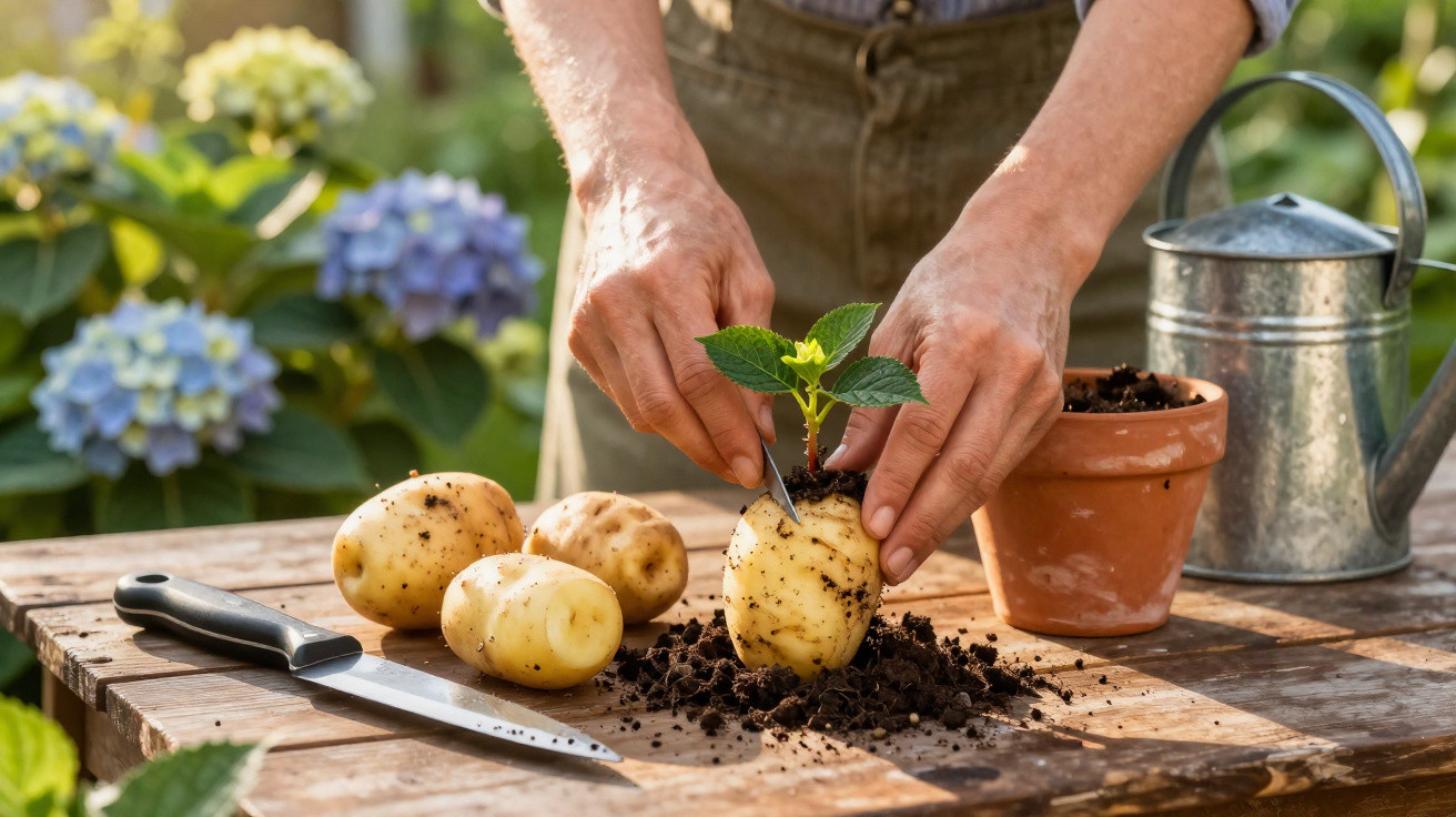 Person planting a seedling sprouting from a potato on a wooden table with gardening tools outdoors.