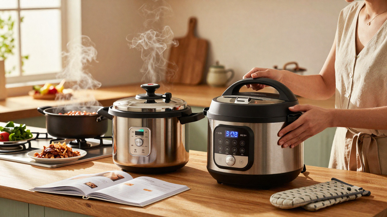 Two electric pressure cookers steaming on a kitchen counter with a person handling one and a cookbook open nearby