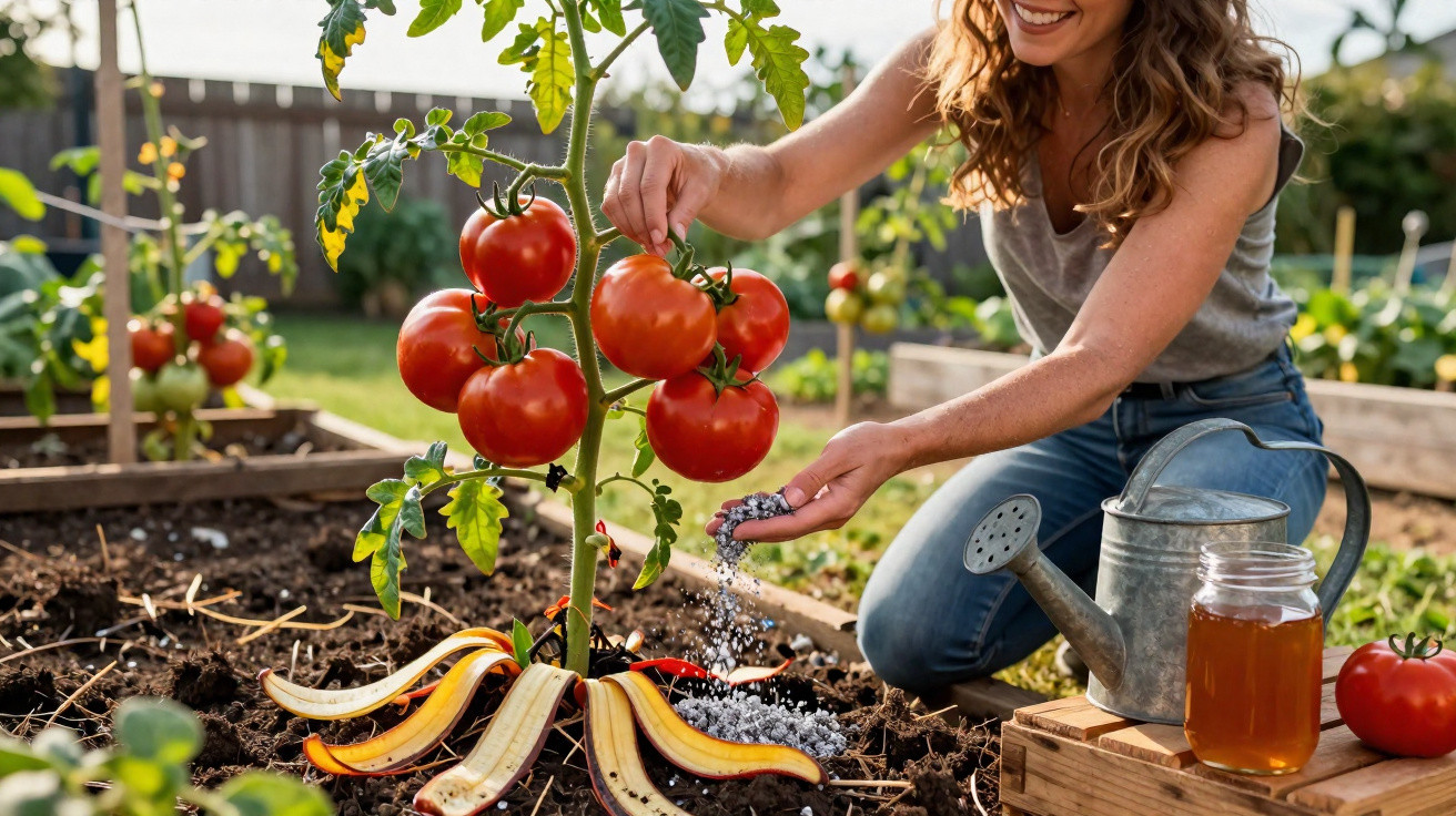 Woman fertilising a tomato plant with banana peels at its base in a garden during daytime.