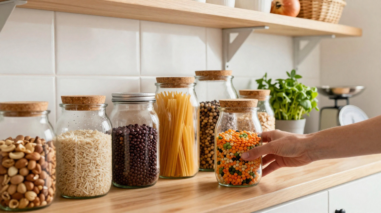 Hand reaching for glass jar of lentils on kitchen counter with jars of nuts, rice, pasta and spices.
