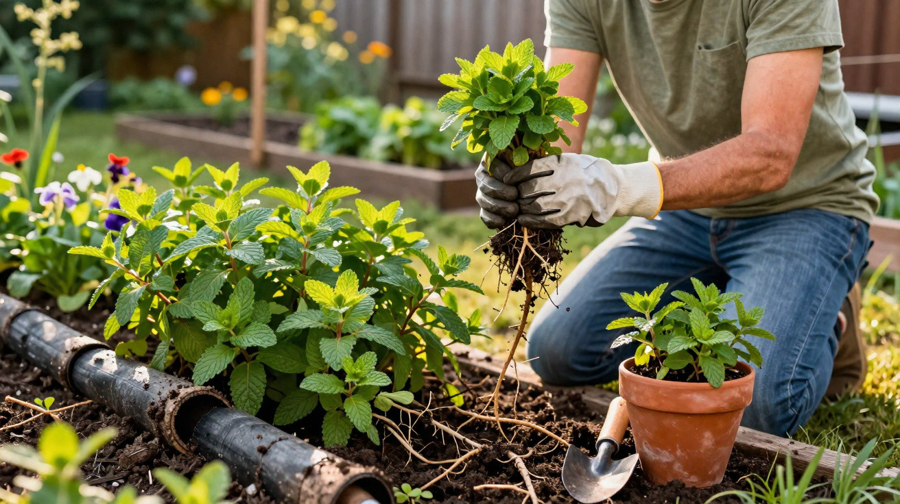 Person planting a young green herb plant in a garden bed beside a potted herb plant and gardening tools.