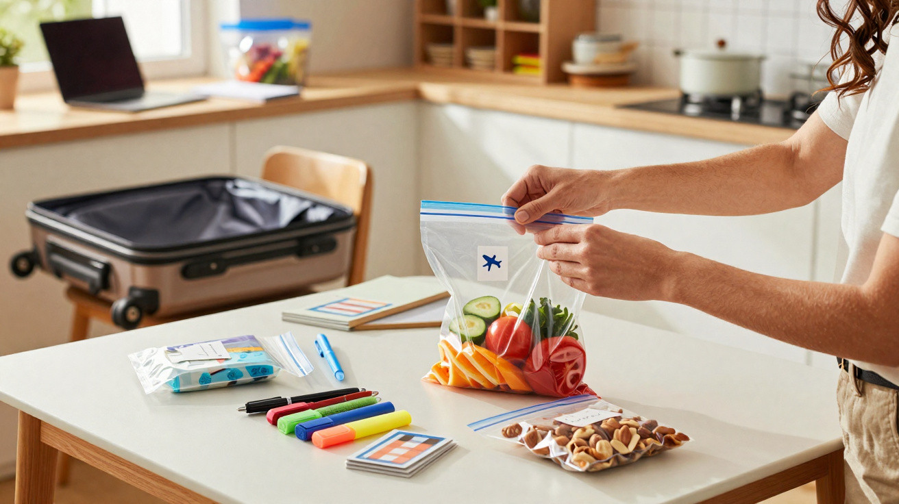 Person packing fresh vegetables and nuts into resealable bags on a kitchen table with travel supplies nearby.