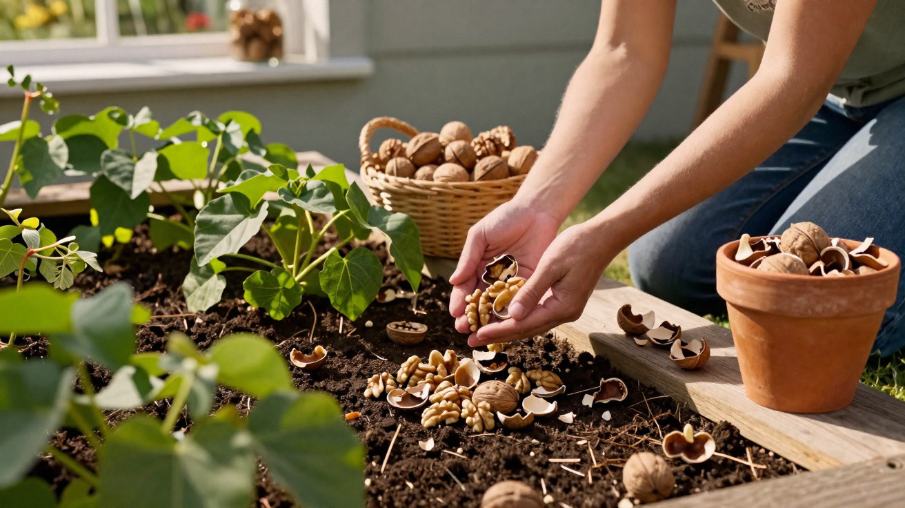 Hands planting walnut seeds in garden soil with baskets of walnuts nearby on a sunny day.
