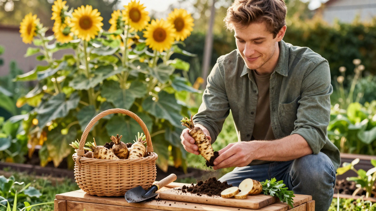 Young man harvesting parsnips in a garden with sunflowers in the background on a sunny day.