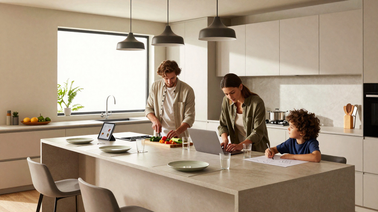 Family cooking and working together in a modern kitchen with neutral tones and natural light.