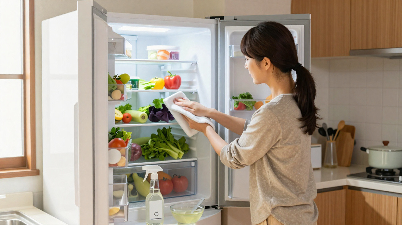 Woman cleaning the inside of an open fridge in a modern kitchen with fresh vegetables and cleaning spray visible
