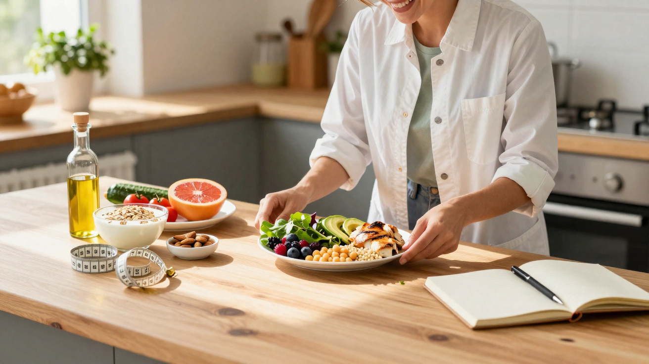 Woman preparing healthy meal with vegetables, grilled chicken, and fruits on wooden kitchen countertop.