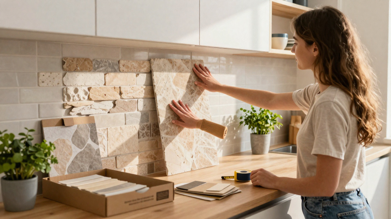 Woman selecting tile samples for kitchen backsplash renovation on wooden countertop in modern bright kitchen