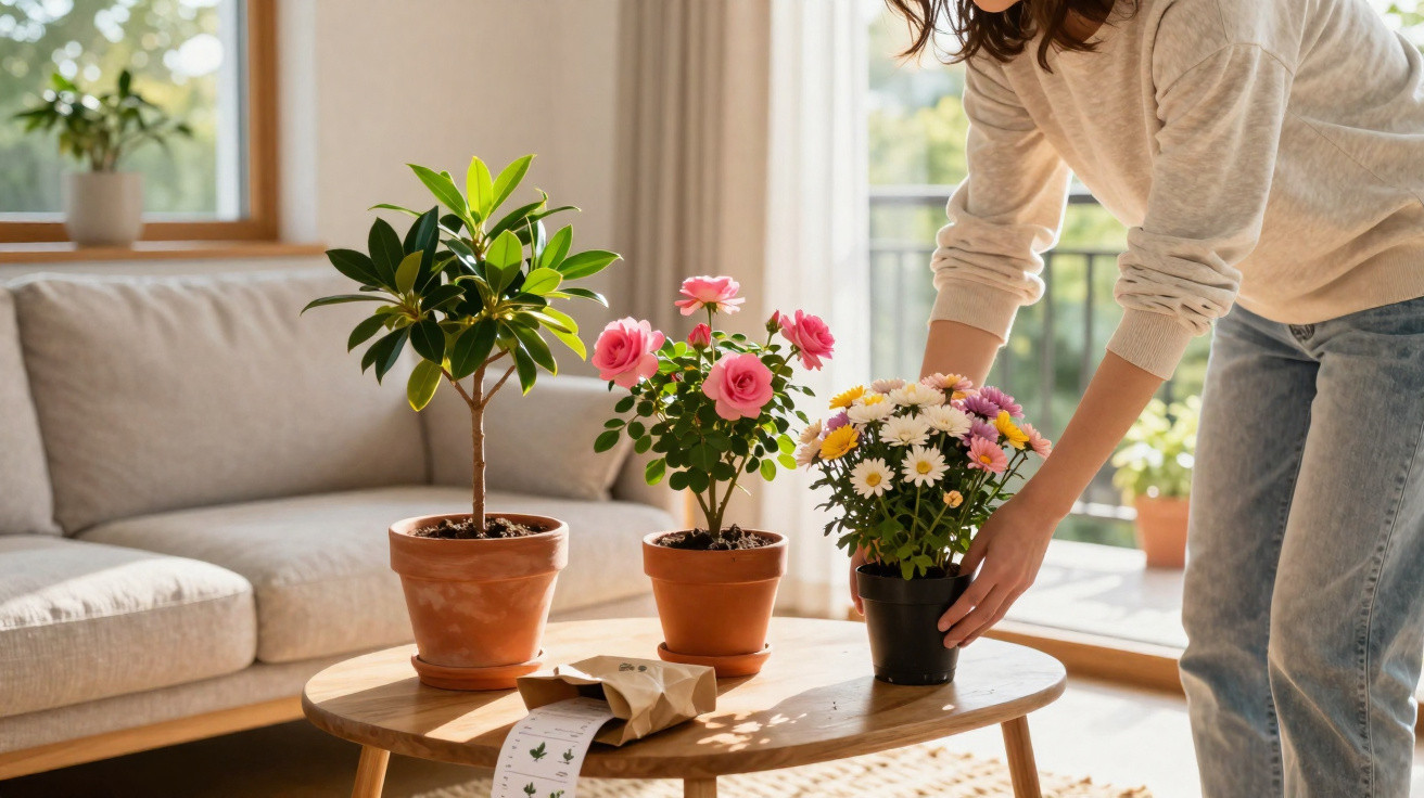 Person arranging potted flowers on a wooden coffee table in a bright living room with a sofa in the background.