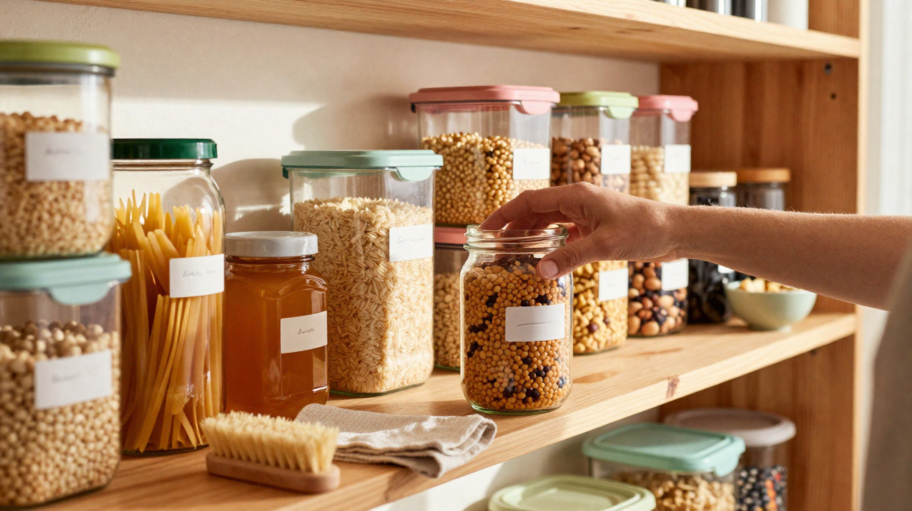 Hand reaching for a glass jar of dried beans on a wooden kitchen pantry shelf with various food containers.