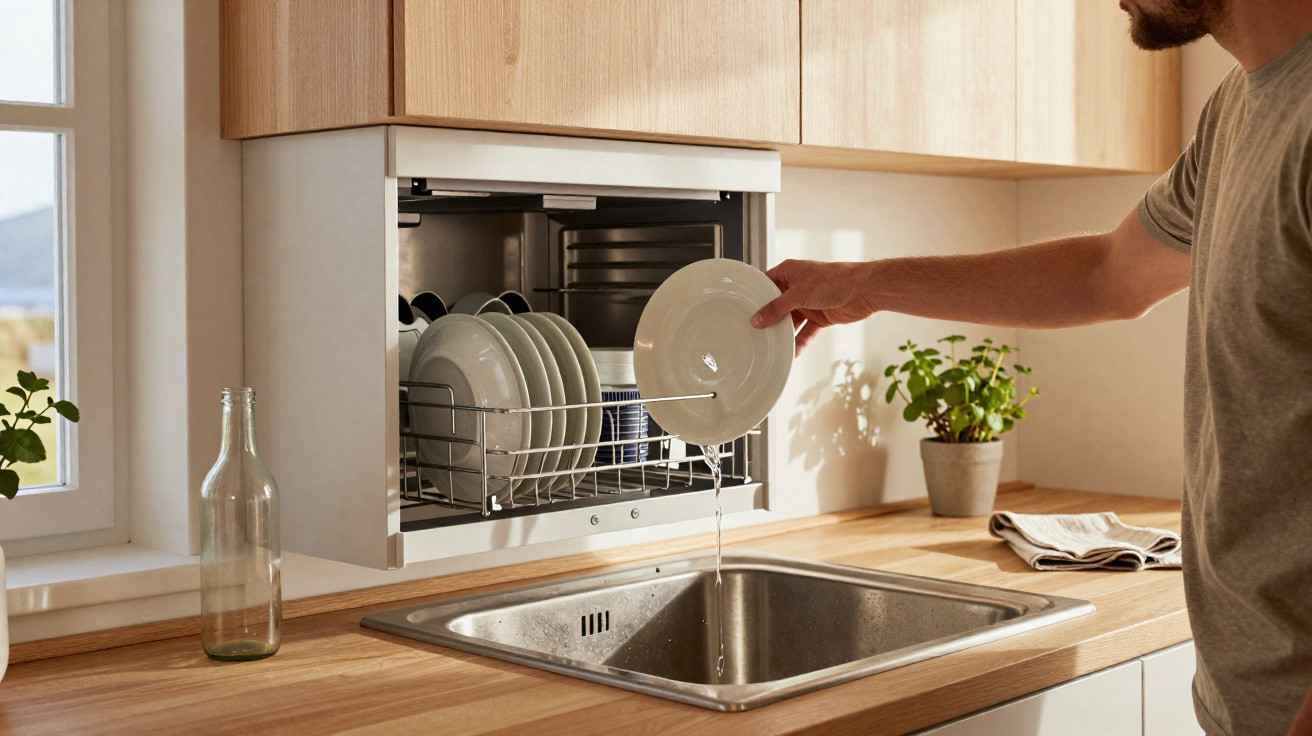Person unloading wet dishes from a countertop dishwasher above a kitchen sink with wooden countertops.