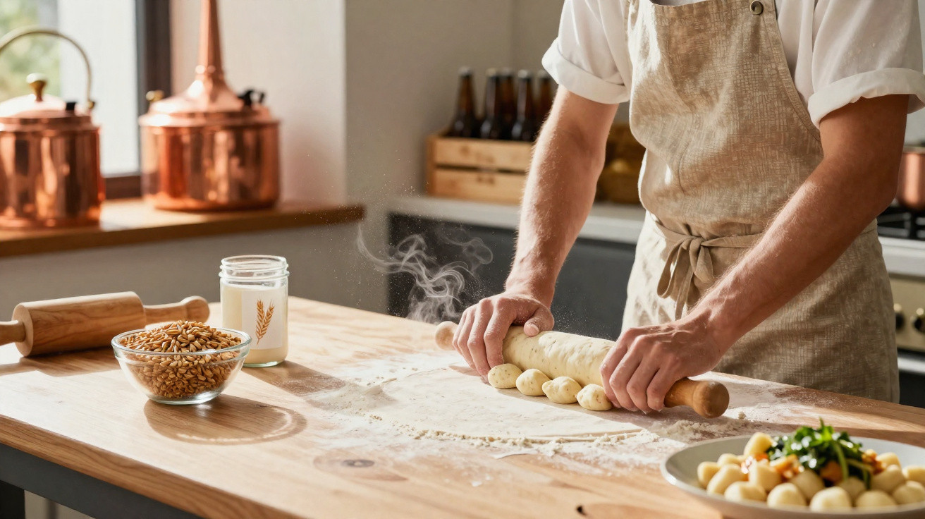 Person rolling dough with a rolling pin on a floured wooden table in a rustic kitchen.