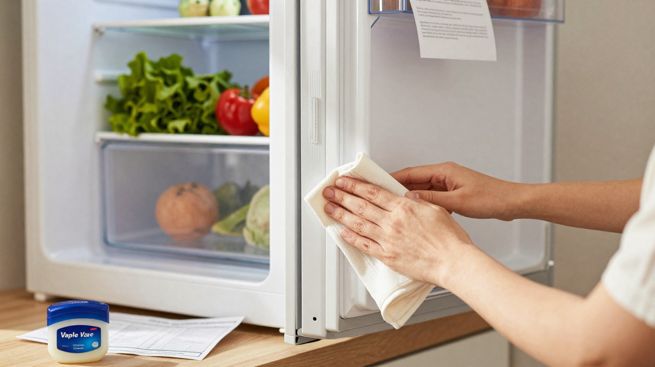 Person cleaning the edge of an open fridge door with a cloth, fresh vegetables visible inside.