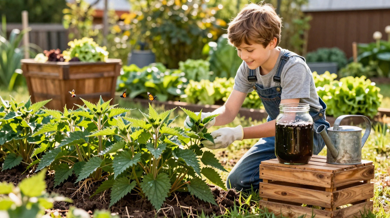 Boy in gloves tending plants with butterflies in a sunny garden, with watering can and jar on wooden crate nearby.
