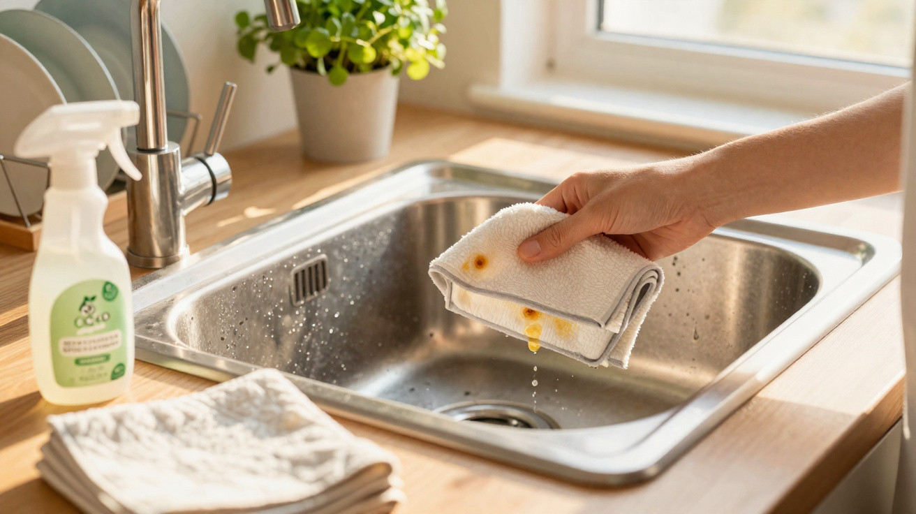 Hand squeezing a dirty white cloth over a stainless steel kitchen sink with a spray cleaner on the counter.