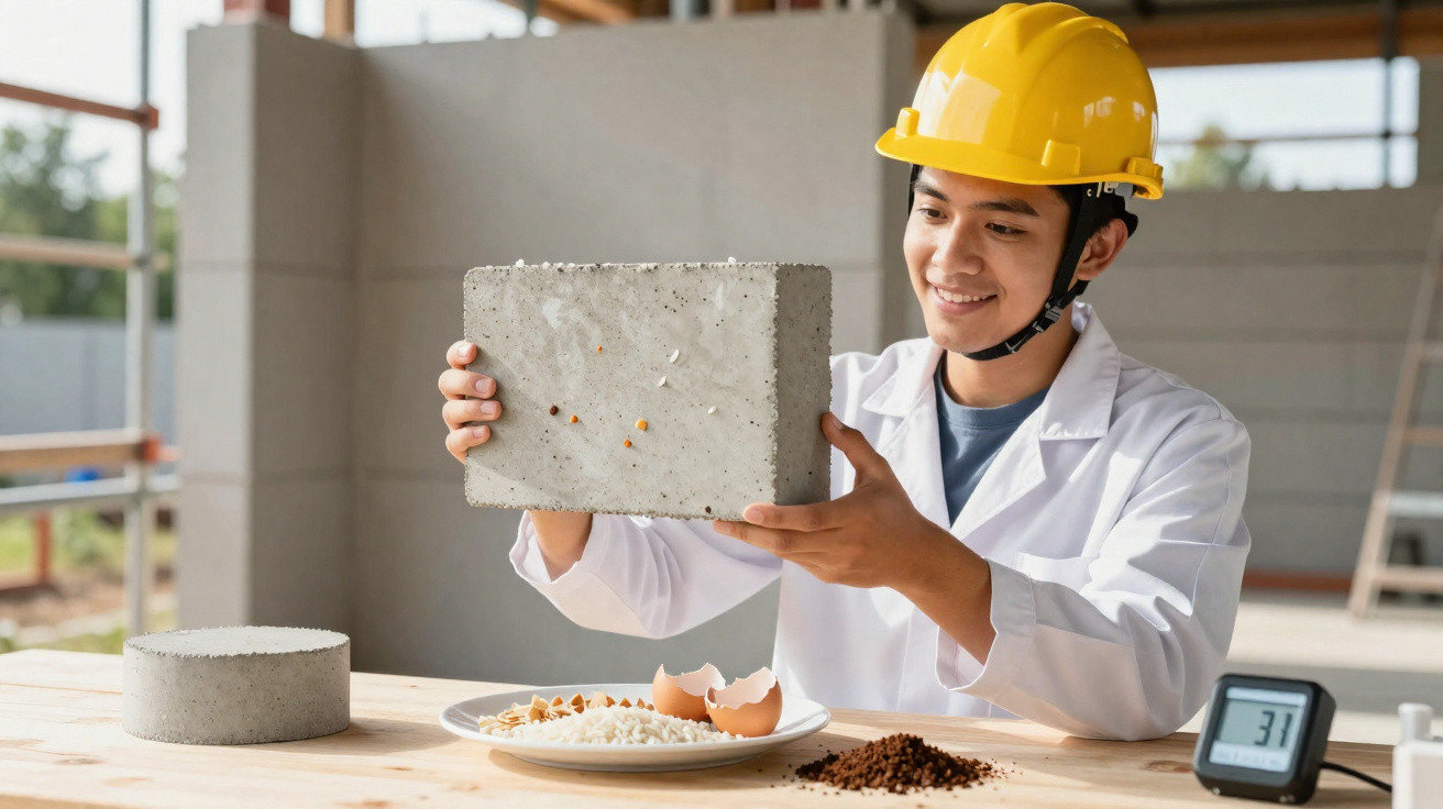 Scientist in yellow hard hat examining a concrete block in a lab setting with materials on a table.