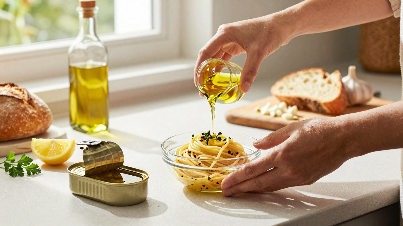 Hands pouring olive oil over a bowl of spaghetti with herbs on a kitchen counter with bread and lemon nearby.
