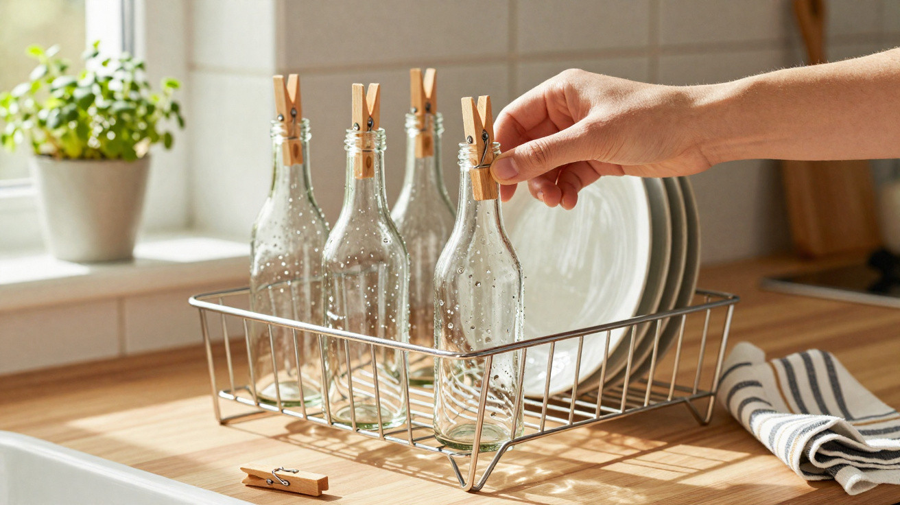 Hand placing a clothespin on a glass bottle in a drying rack beside white plates on a kitchen counter.