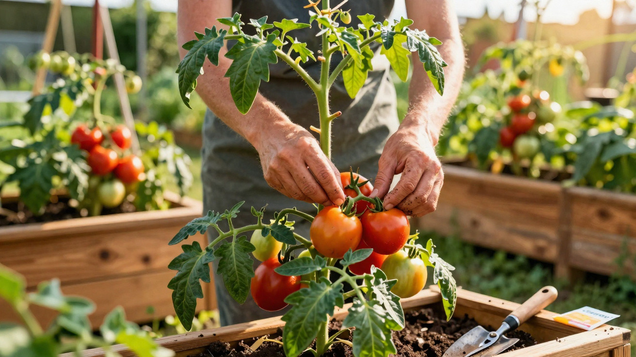 Person tending to ripe and unripe tomatoes on a plant in a raised garden bed at sunset.