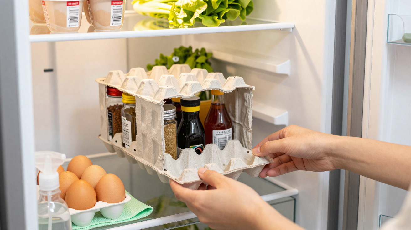 Hands organising sauces and spices in a recycled egg carton inside a fridge with eggs and lettuce nearby.