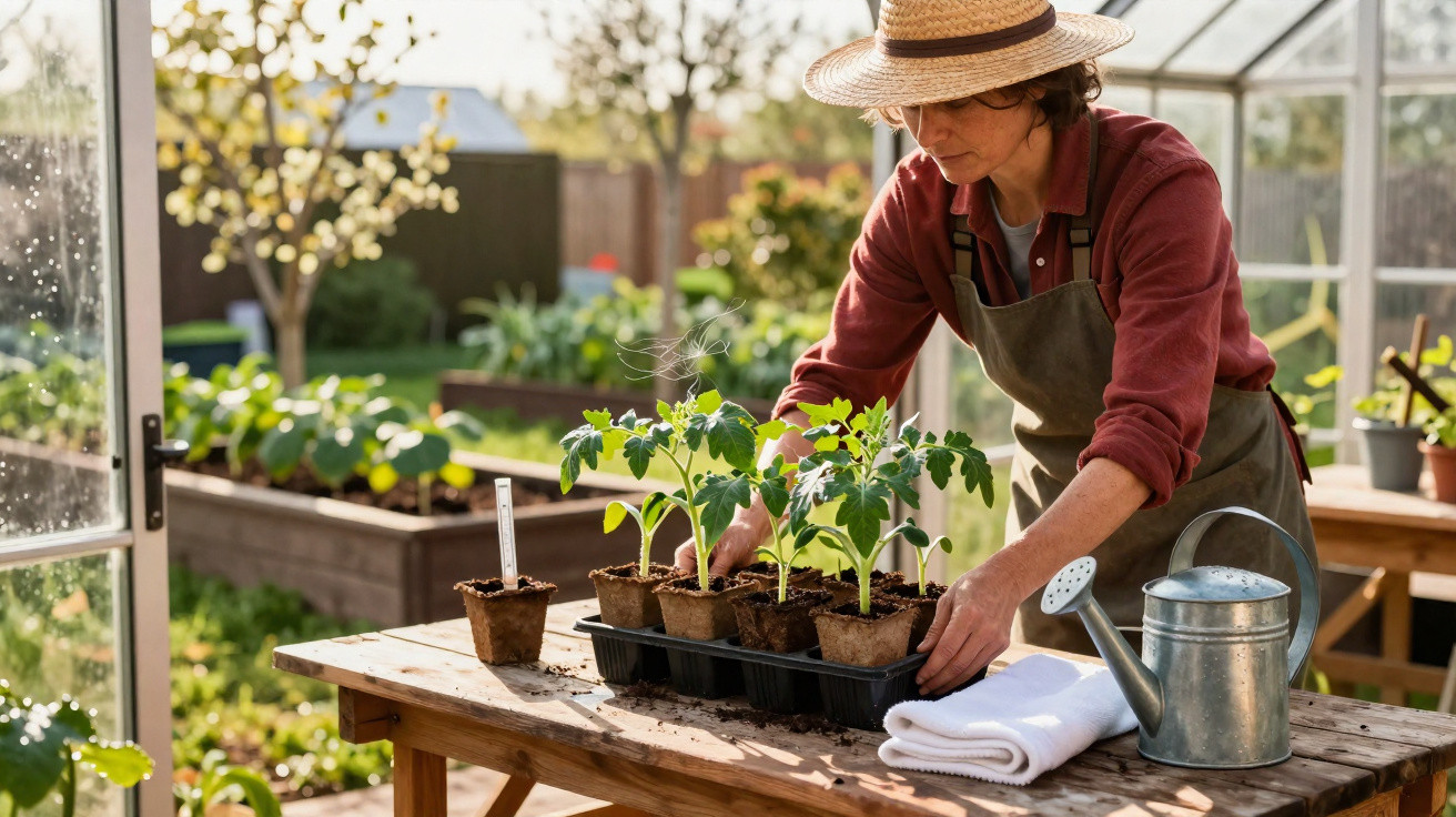 Person tending to young tomato plants on a wooden table in a bright greenhouse garden.