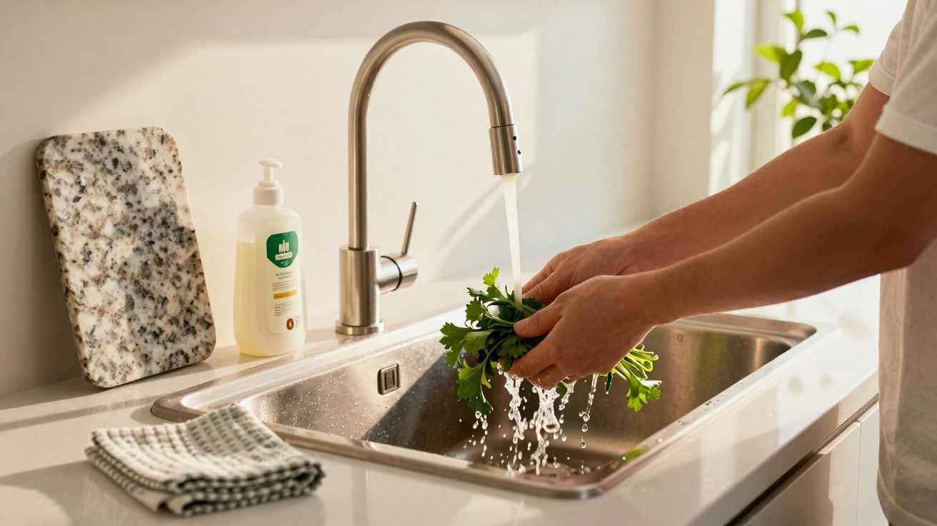 Person washing fresh parsley under running water in a modern kitchen sink with soap dispenser and cloth nearby.