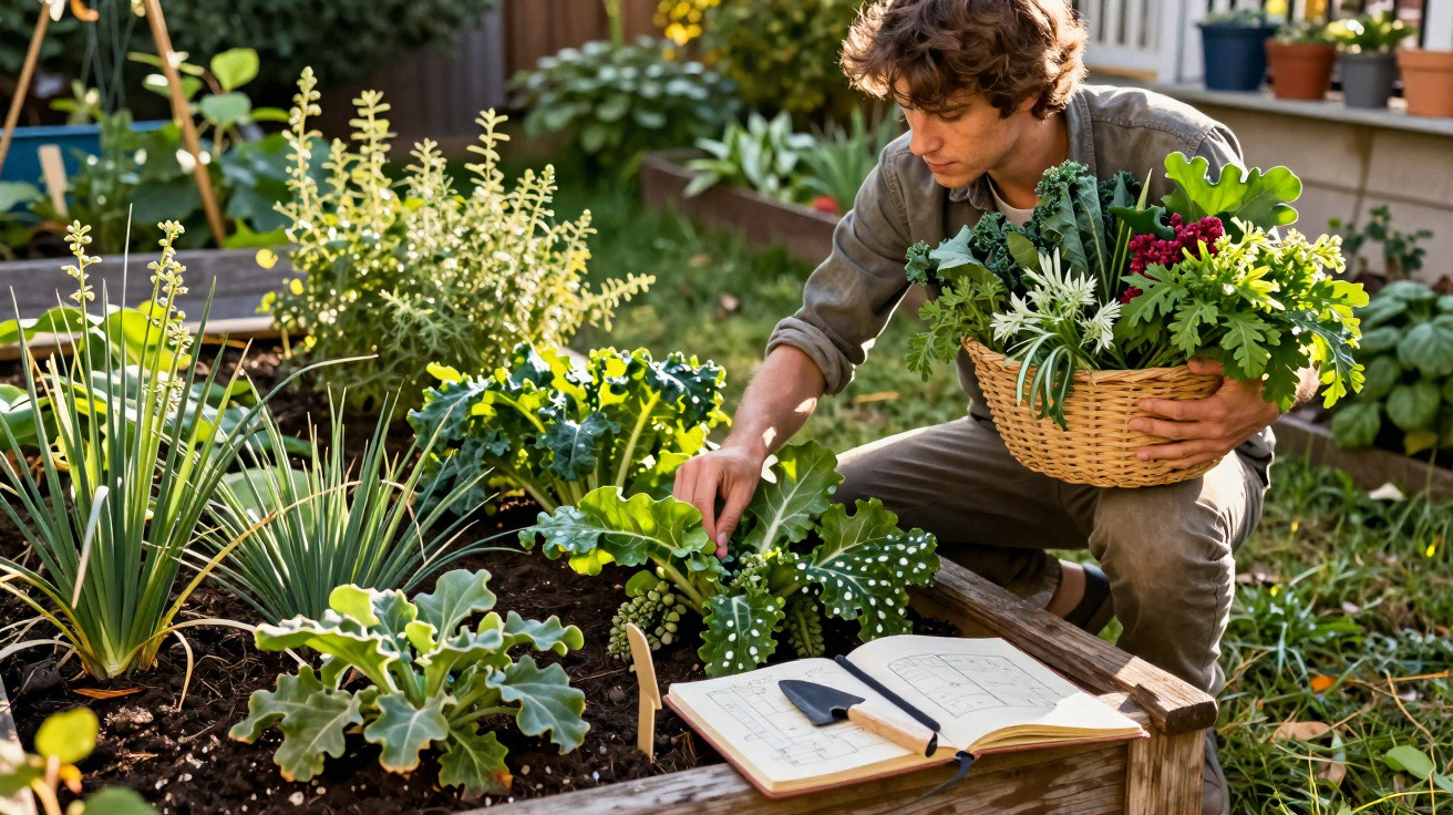 Man harvesting leafy greens in a raised garden bed with gardening tools and notebook nearby in a sunny backyard.