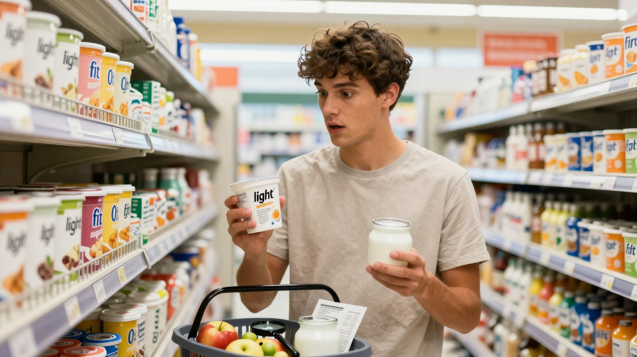 Young man comparing yoghurt products while shopping in a brightly lit supermarket aisle.