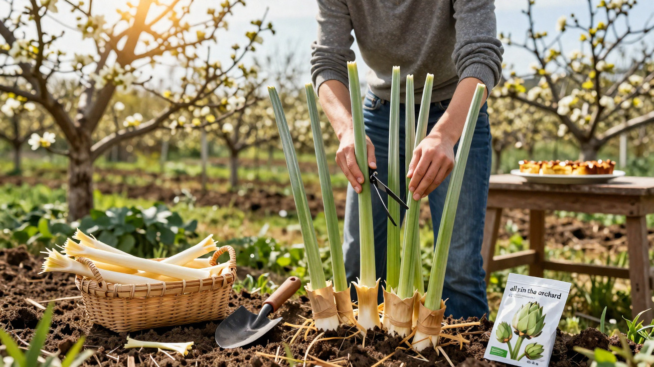 Person harvesting fresh lemongrass stalks in a sunny orchard with gardening tools nearby.