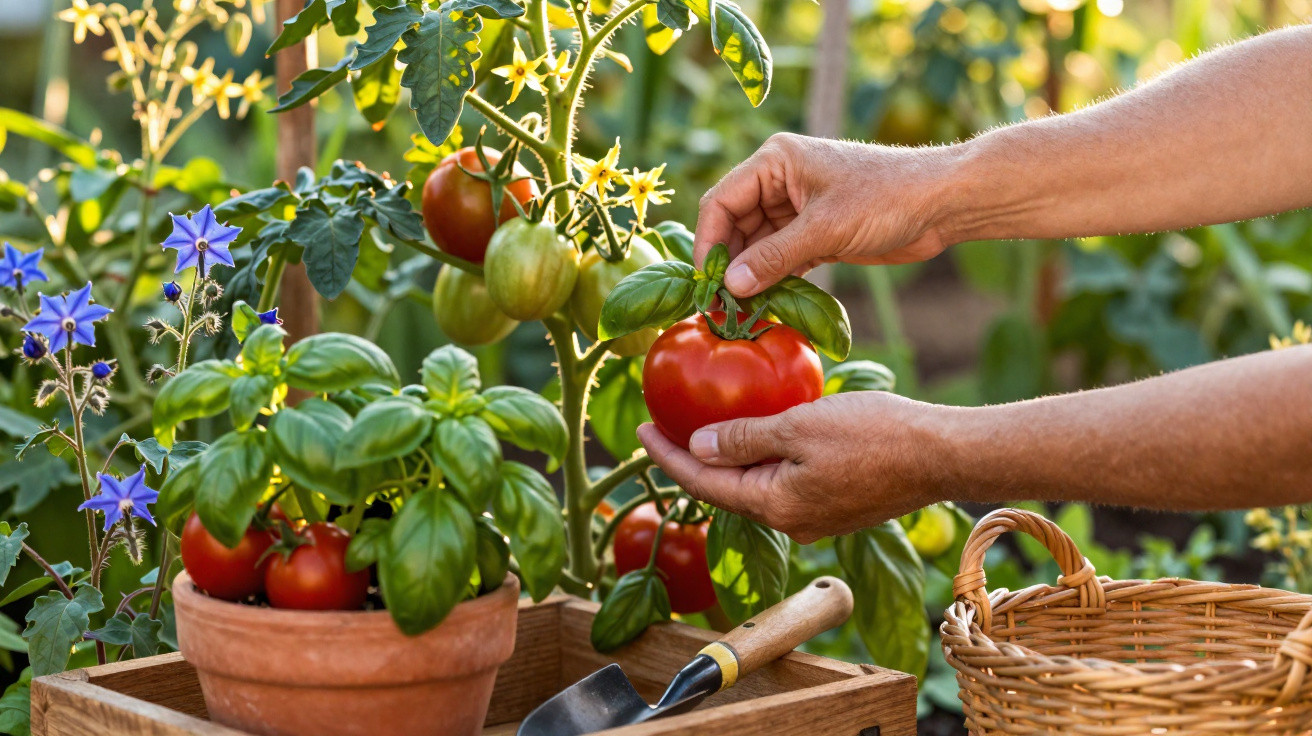Hands harvesting a ripe red tomato from a plant with basil and gardening tools in a sunny garden setting.