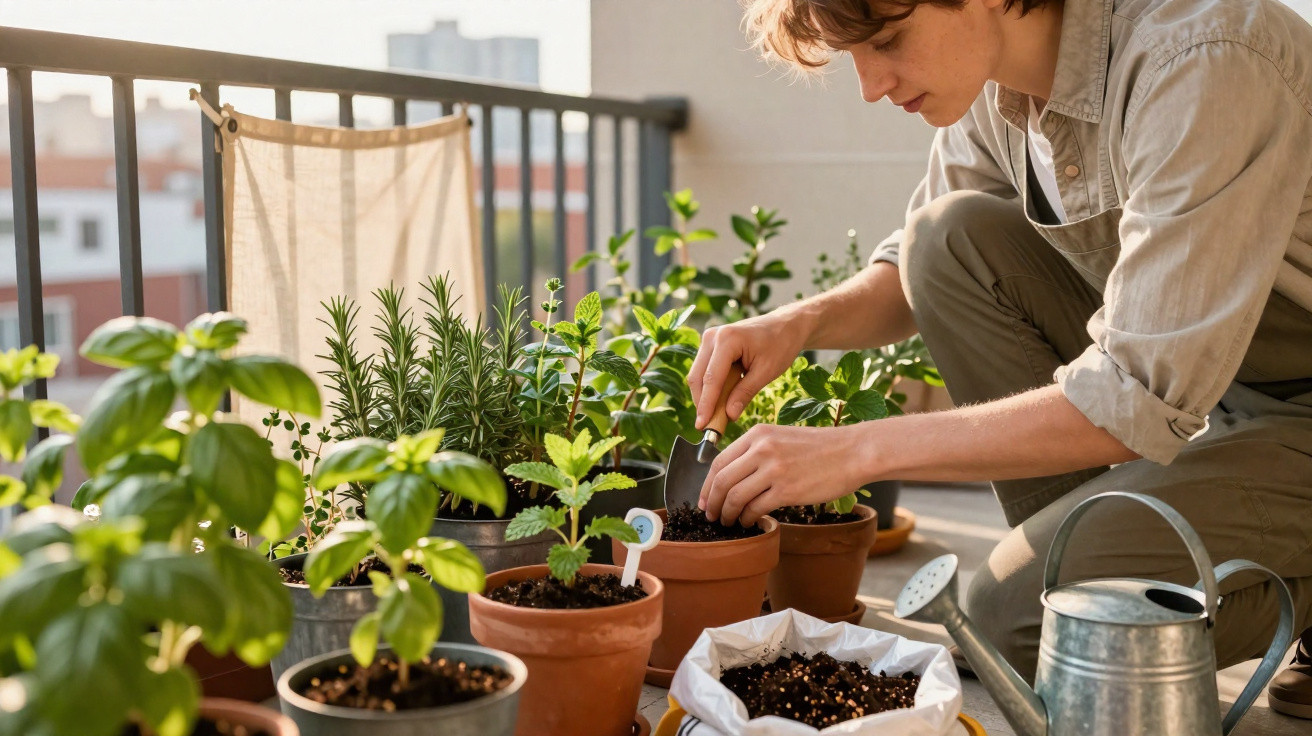 Person tending to various potted herbs and plants on a sunny balcony with gardening tools nearby.
