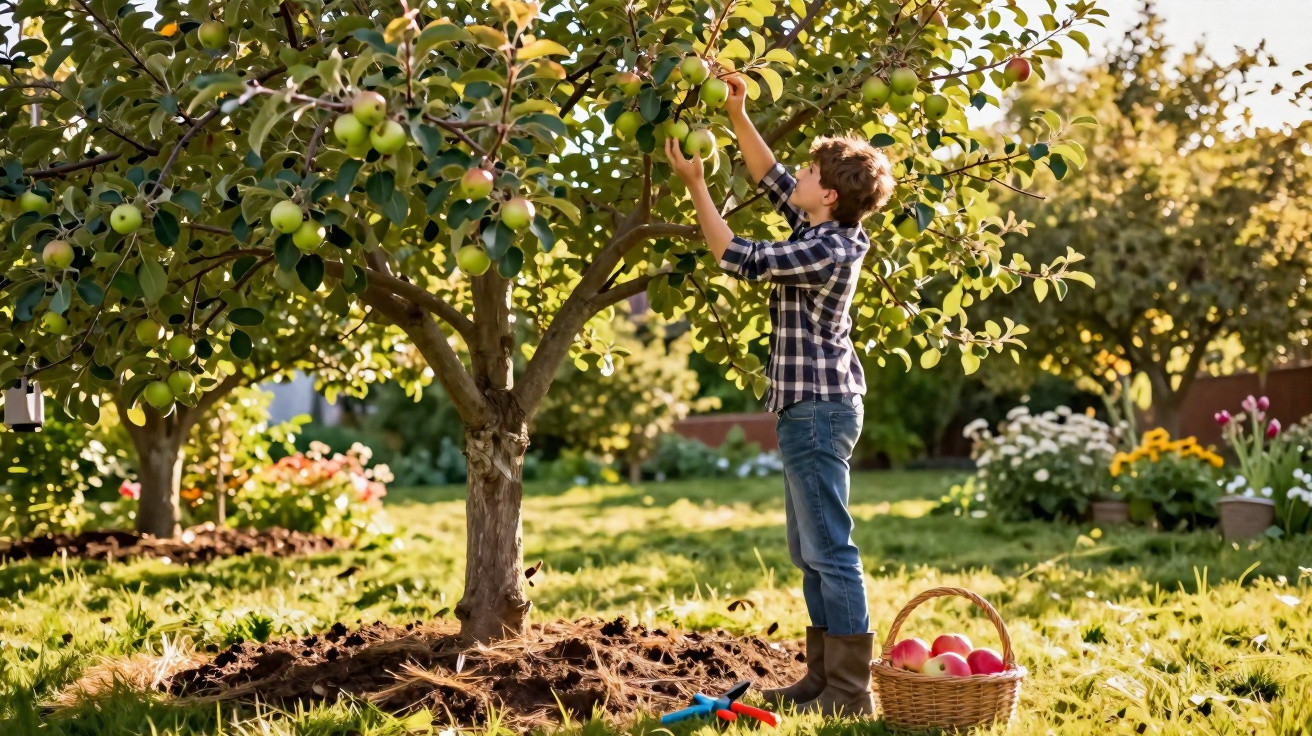Boy in a plaid shirt picking green apples from a tree in a sunny garden with a basket of apples nearby