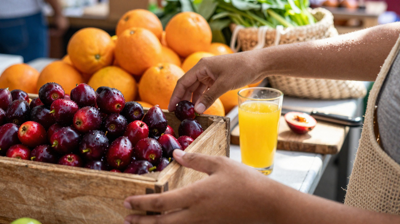 Person selecting fresh red plums from a wooden crate with oranges and a glass of orange juice nearby.