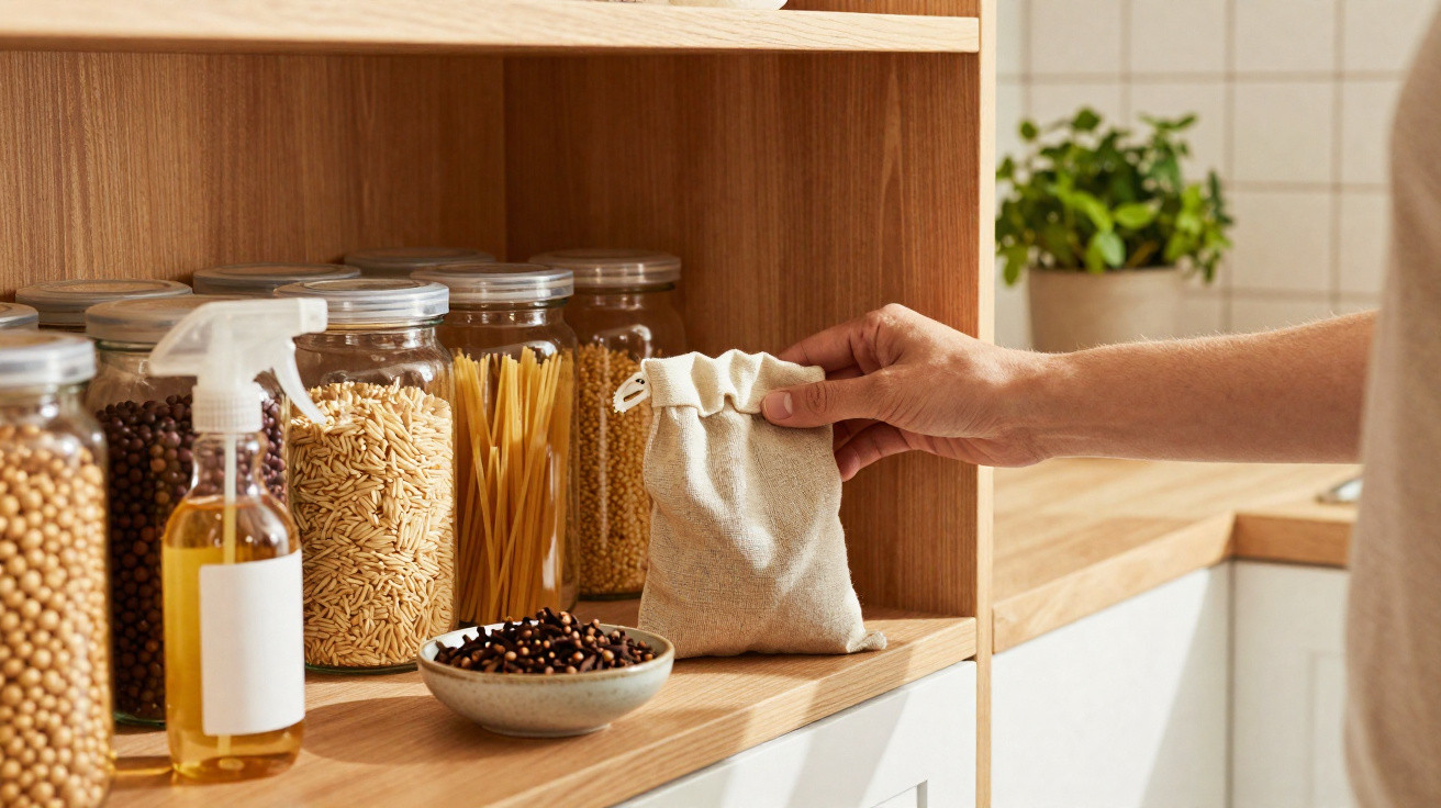 Hand reaching for a small fabric bag on a wooden kitchen shelf with jars of pasta and grains.