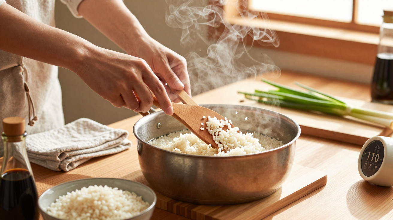 Person stirring steaming rice in a metal pot on a wooden countertop with spring onions nearby.