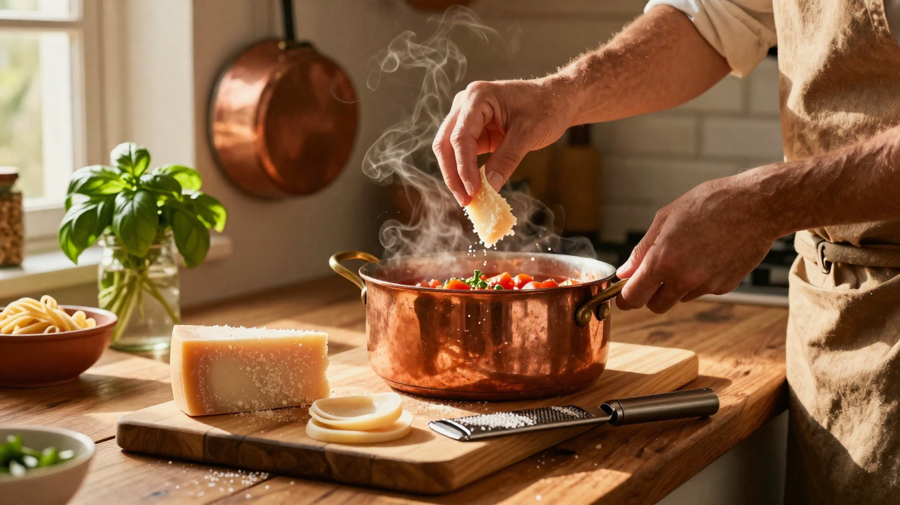 Person grating cheese over a steaming copper pot of tomato sauce in a rustic kitchen setting