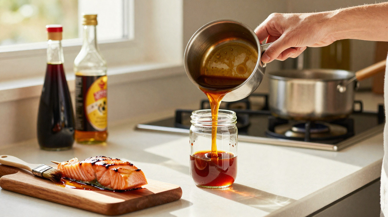 Hand pouring sauce into a jar with glazed salmon on a wooden board and condiments beside a stove.