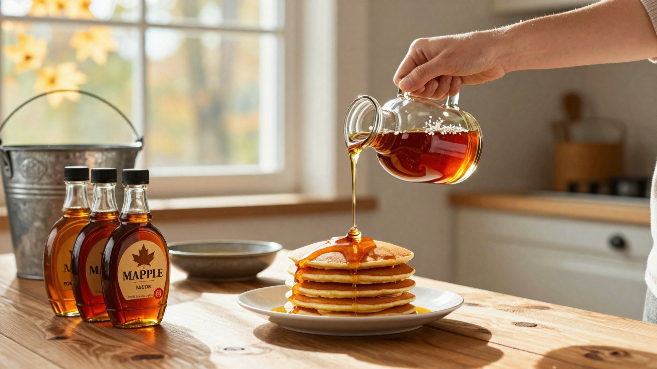 Hand pouring maple syrup onto a stack of pancakes on a plate in a kitchen setting.