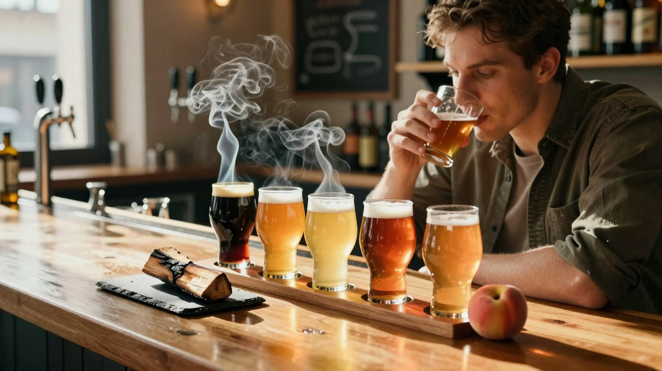 Man tasting a flight of five beers on a wooden bar with smoking logs beside the glasses.