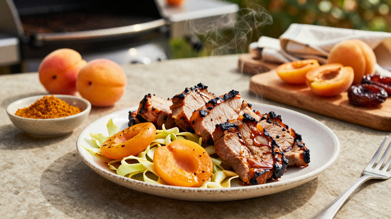 Plate of grilled pork slices served with pasta and roasted apricots, with fresh apricots and spices in the background.