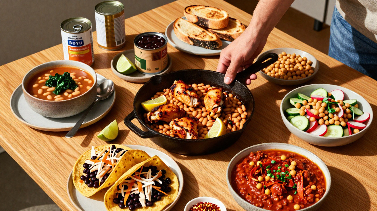Table set with diverse bean dishes including tacos, stew, soup, salad, grilled chicken, and toasted bread slices.