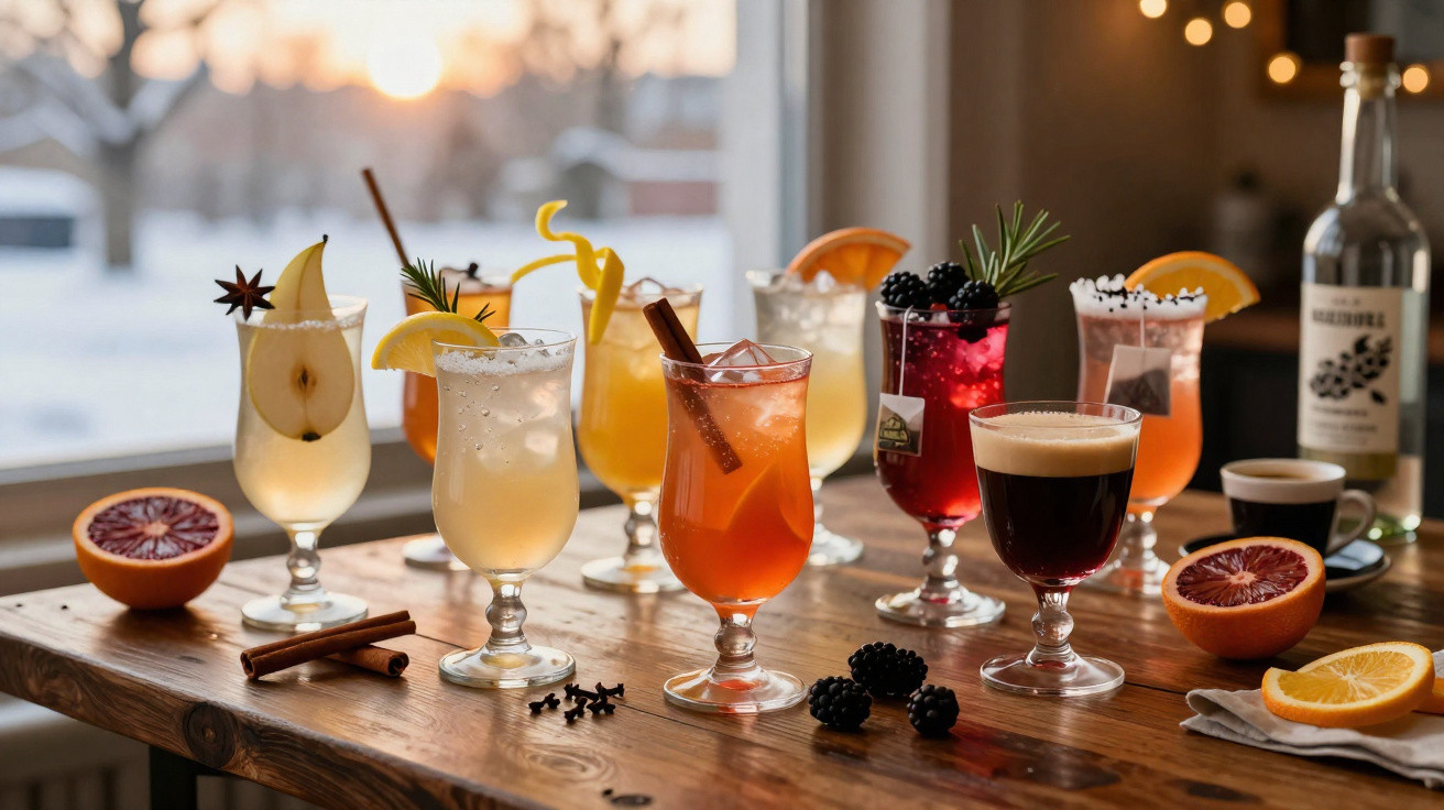 Variety of colourful cocktails and coffee drinks garnished with fruit and spices on a wooden table by a window.