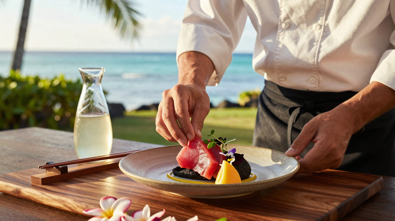 Chef plating a gourmet dish with tuna and garnishes on a wooden table by the seaside.