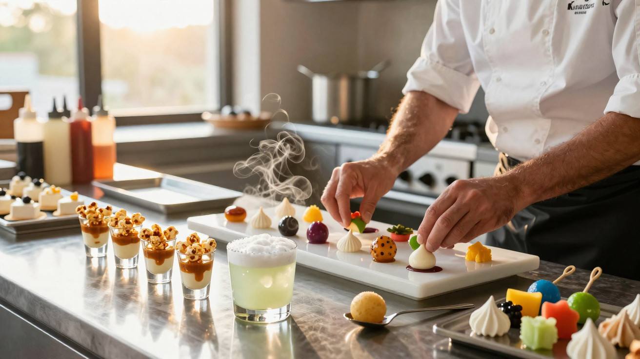 Chef plating colourful, intricate desserts on a tray in a modern kitchen with a cocktail and smoky drink nearby.