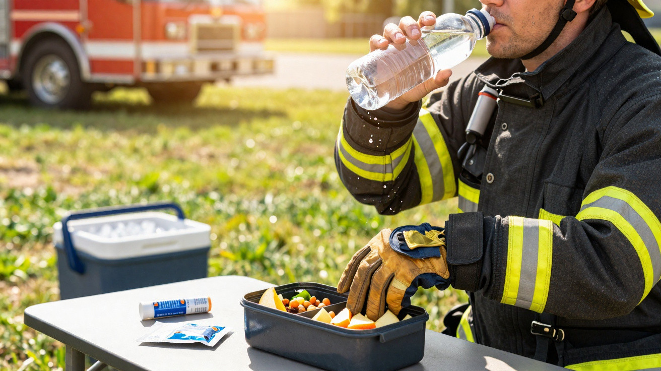Firefighter in uniform drinking water and eating a snack outdoors with a fire truck in the background.